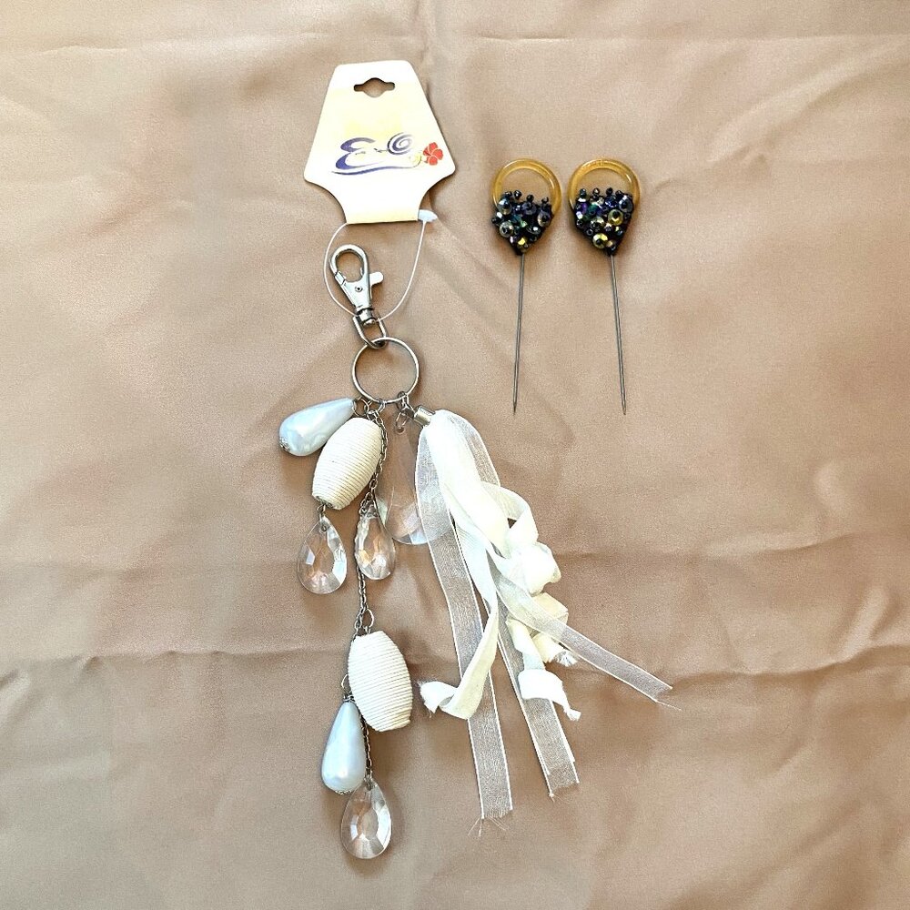 EO White and Glass Pendant Key Chain and 2 Black Sequins Pins